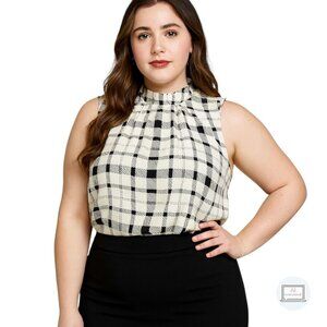 Torrid Rayon Twill Ruffle Trim Mock Neck Tank Black White Plaid Plus Size 1 |1X